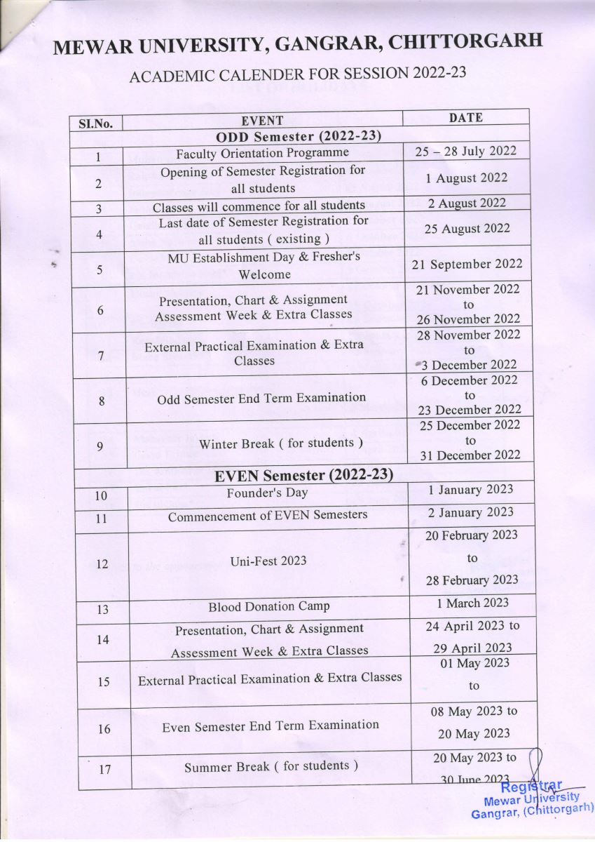 Mewar University Academic Calendars